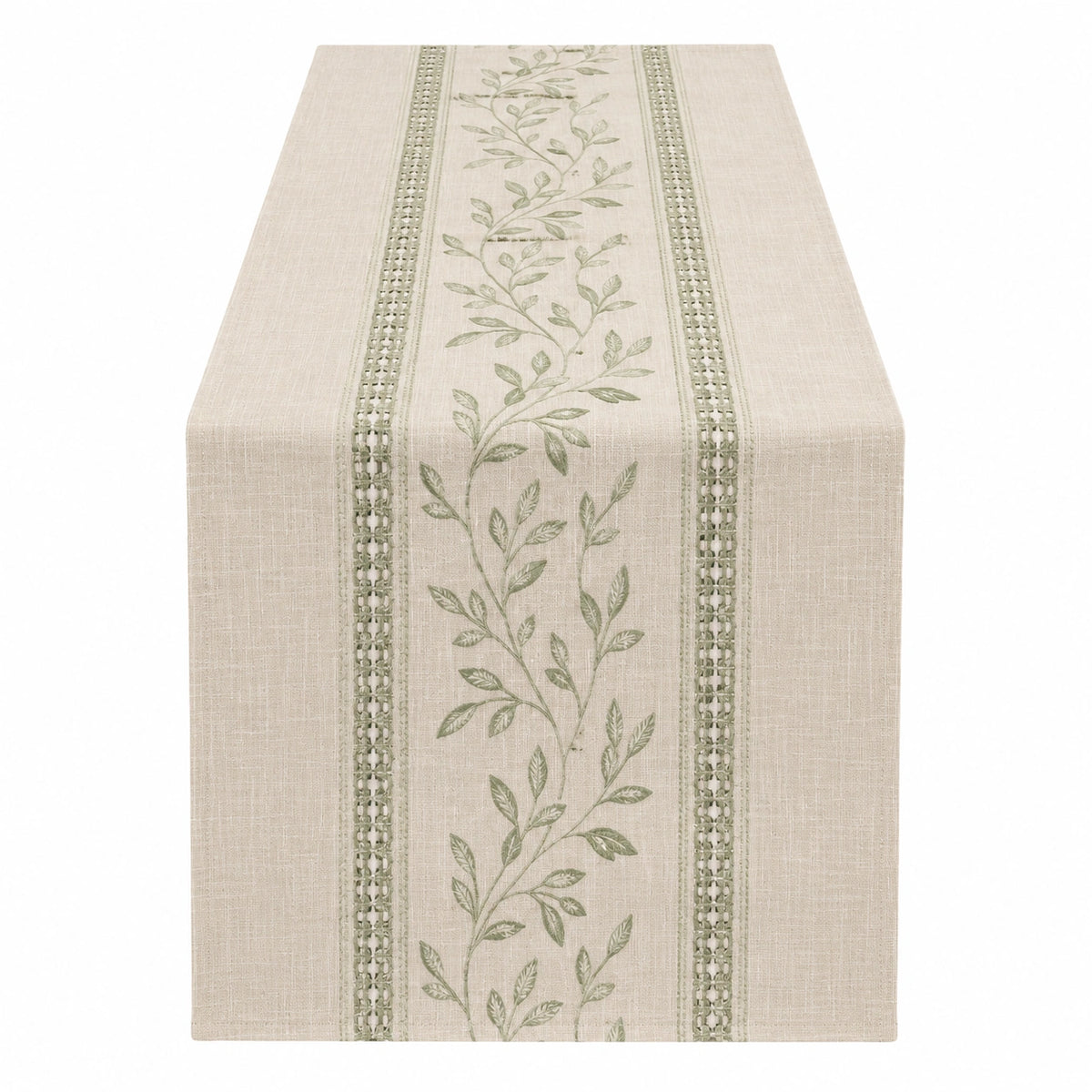 Camino de Mesa Bordado Beige y Verde con Diseño de Hojas