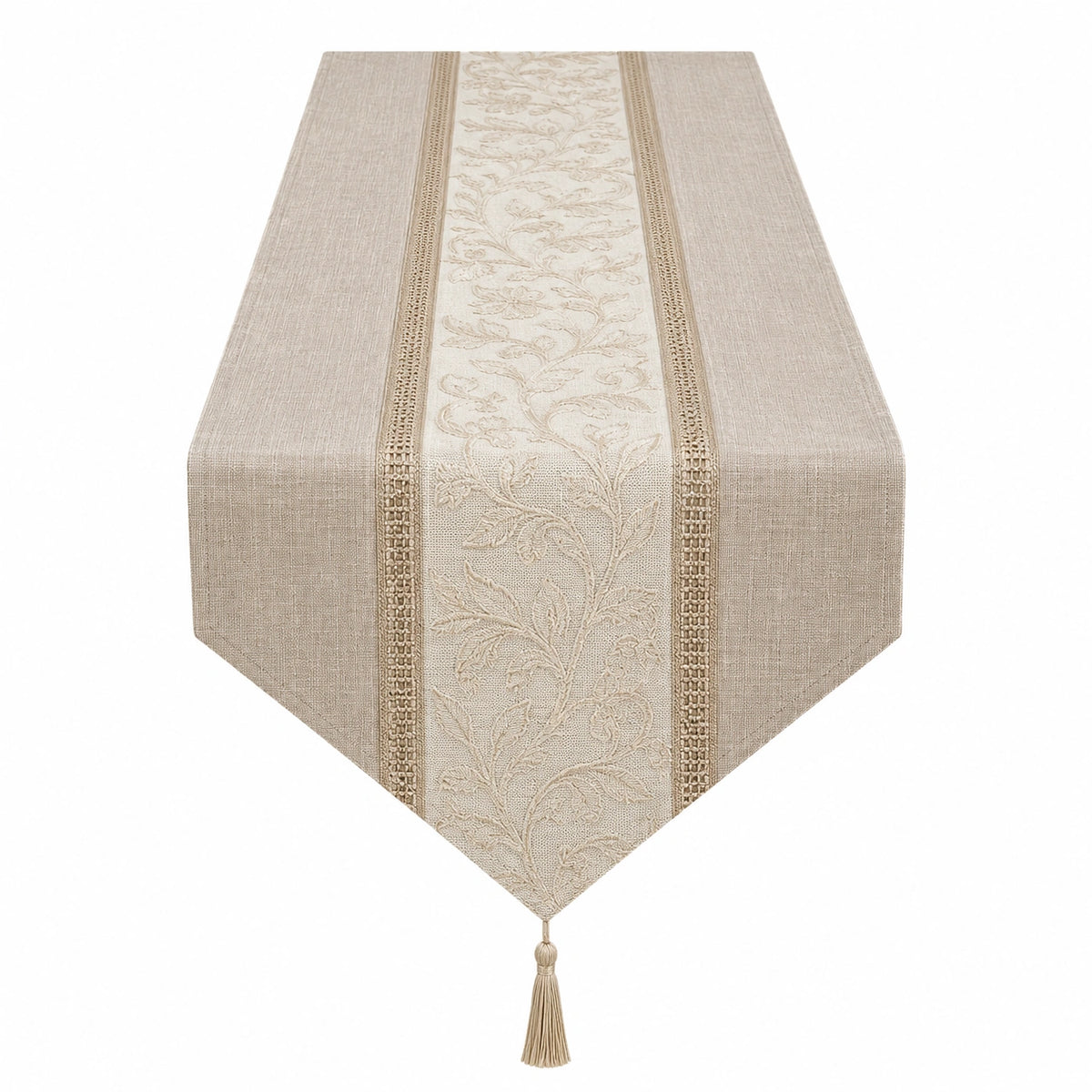 Caminero de Mesa Bordado Beige con Fleco 180x40