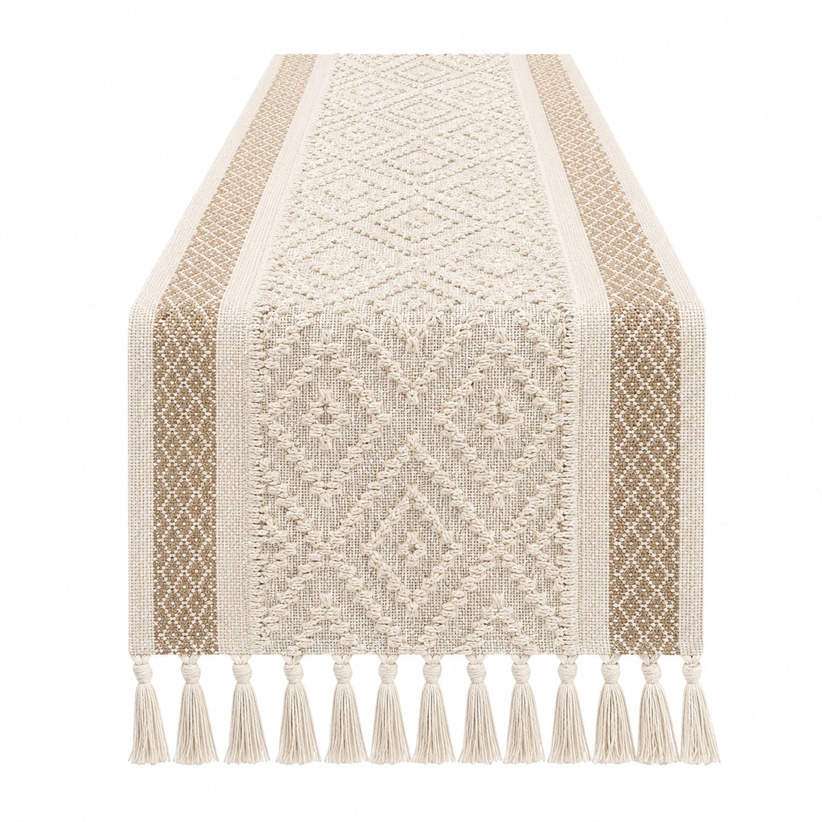 Camino de Mesa Beige con Flecos y Diseño Geométrico 180x33 cm